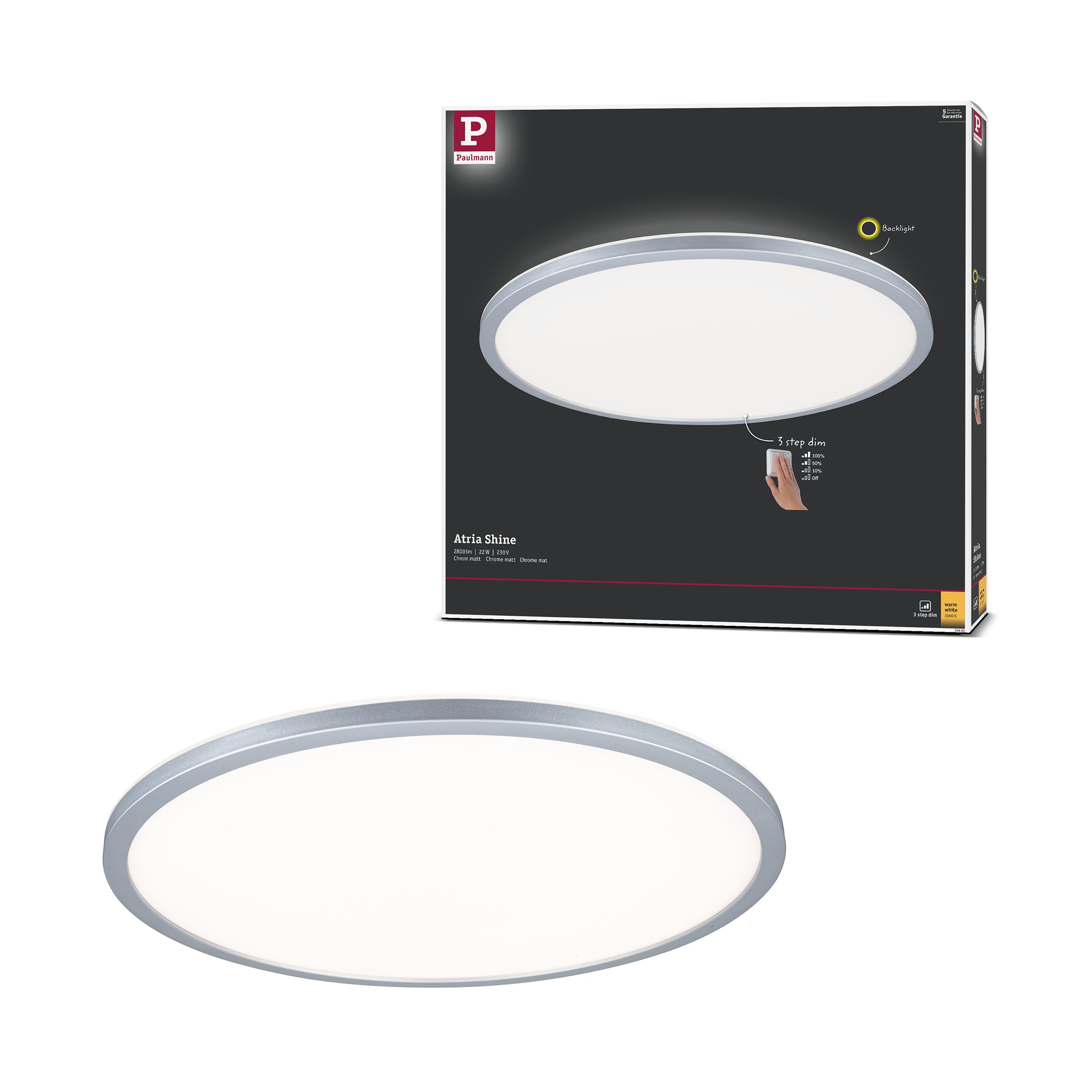 Paulmann Atria Shine 70992 LED Panel 420 mm 3-Step Dim Round Including 1 x 22 W Dimmable Warm White Chrome Matt Light Panel Plastic Ceiling Panel 3000 K