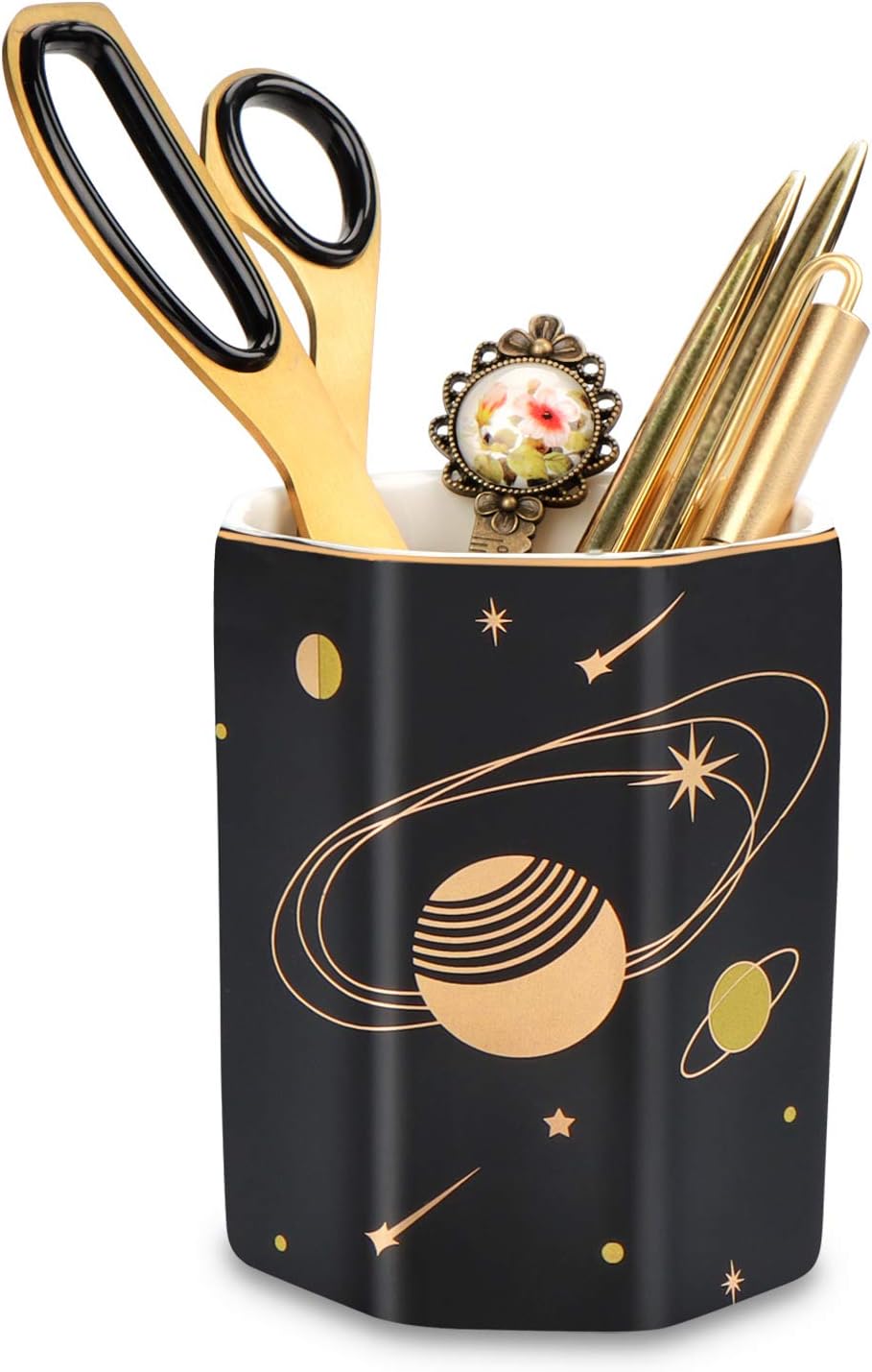 MISIGAR Pen Holder for Desk, Gold Planet Pattern Pencil Holder, Ceramic Pencil Cup for Boys Kids, Multi-Purpose Desk Organizer for Office & Home, Makeup Brush Holder, Black