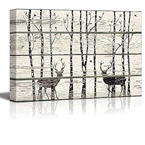 Deer in Birch Forest Wood Cut Print Artwork Rustic