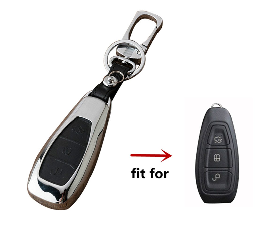 Happyit Zinc Alloy + Leather Car Key Cover Case for Ford Smart/Folding Focus Mondeo Edge Fiesta Kuga Mondeo MK4 Fiesta Fusion Escort Ecosport Car Key (A Black)