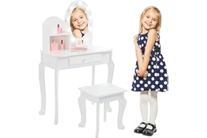 TackView Girls' Vanity Set with Lighted Mirror, Makeup Table and Stool for Kids, Perfect for Ages 4-9,White