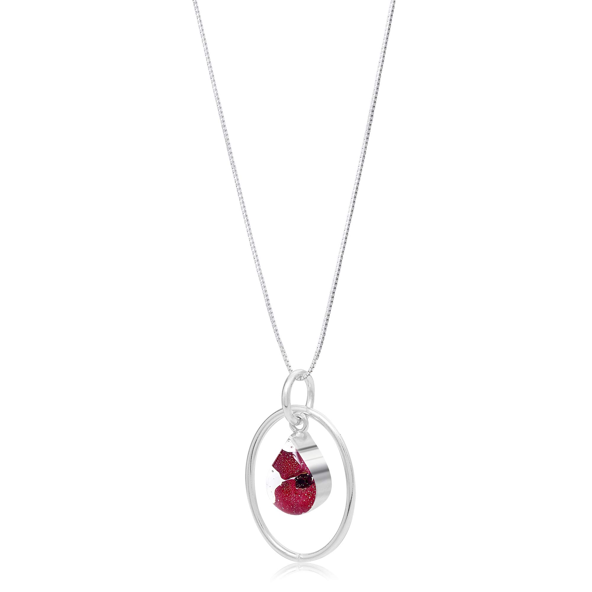 Shrieking Violet 925 Sterling Silver Teardrop Hoop Real Flower Pendant Necklace - Poppy (Red)