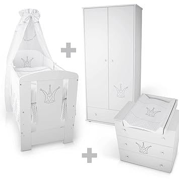 KLUPS Kinderzimmer SET Baby-Zimmer'KRONE' Weiß Komplett SET (Bett + Wickelkommode + Schrank)