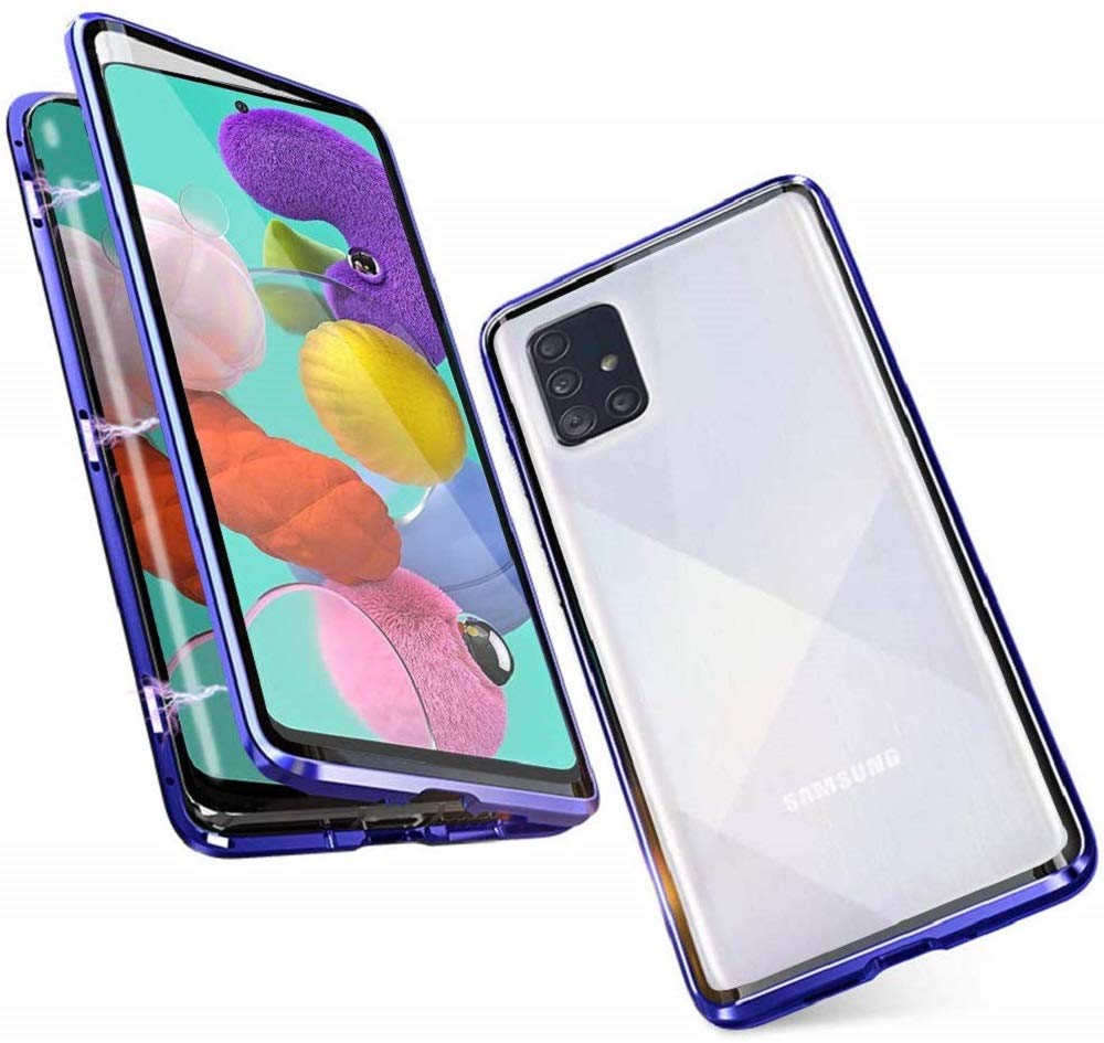 Case for Samsung Galaxy A71 4G Cover,[Magnetic Adsorption][Metal Frame + Front and Back Tempered Glass Transparent]Flip Cover Ultra Thin Full Body Screen 360 Degrees Coverage Protective Case,Blue