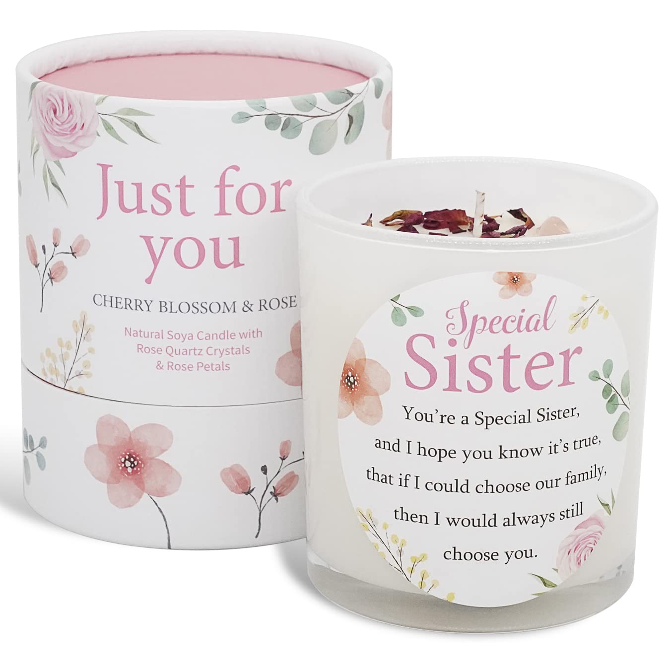 Sister Candle a Thoughtful Gifts for Sister - Ideal Special Sister Birthday Gifts Luxury SOYA Candle with Rose Quartz and Rose Petals