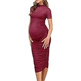 Dedysler Maternity Mesh Bodycon Dress for Baby Shower Sexy Mock Neck Long Casual Pregnancy Clothes with Back Zipper