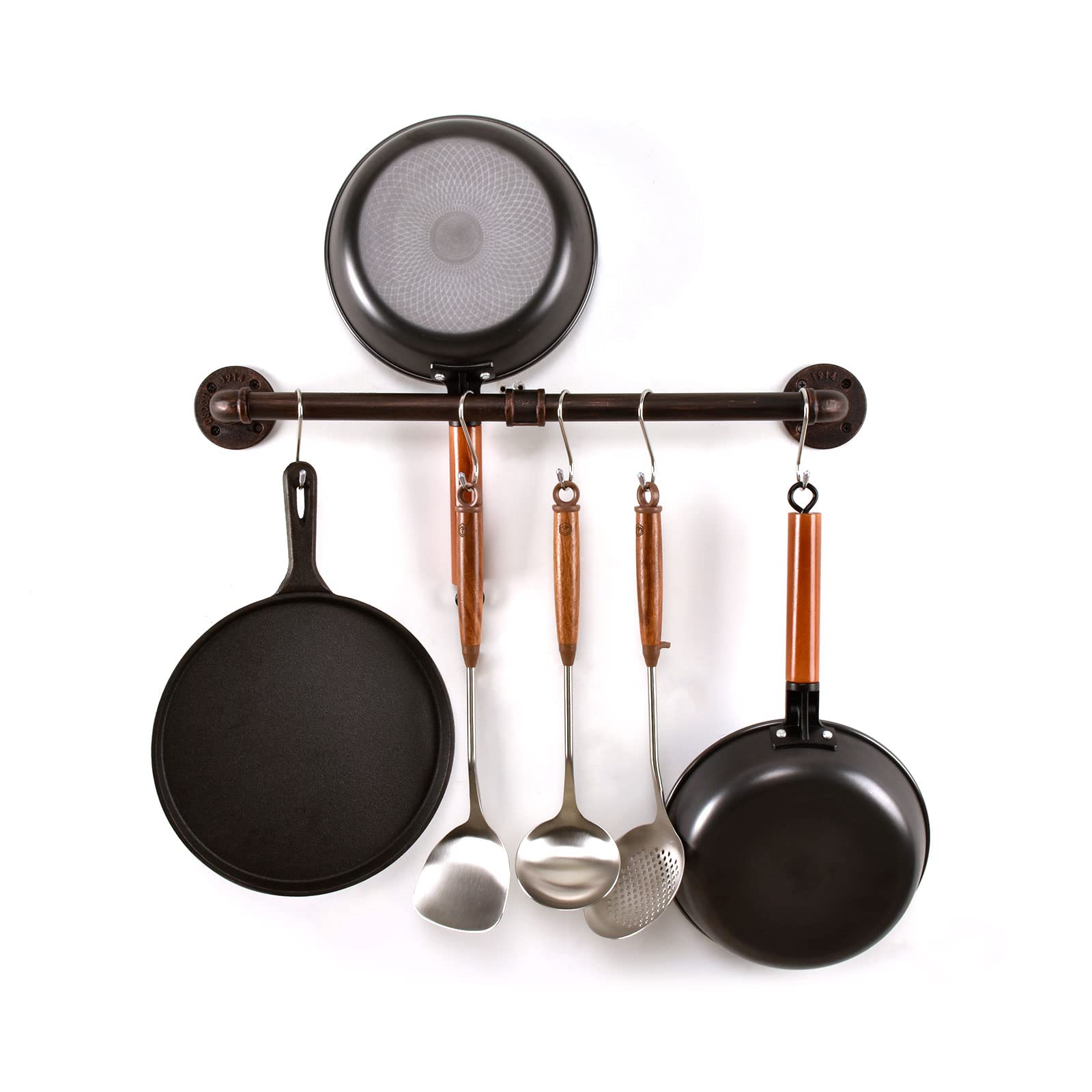 LINKPIPES Pipe Pot Pan Rack Wall Mounted Industrial Utensil Lid Holder Cookware Hanger Kitchen Organizer Hanging Bar Rail with S Hooks(24 inch,Red Bronze)