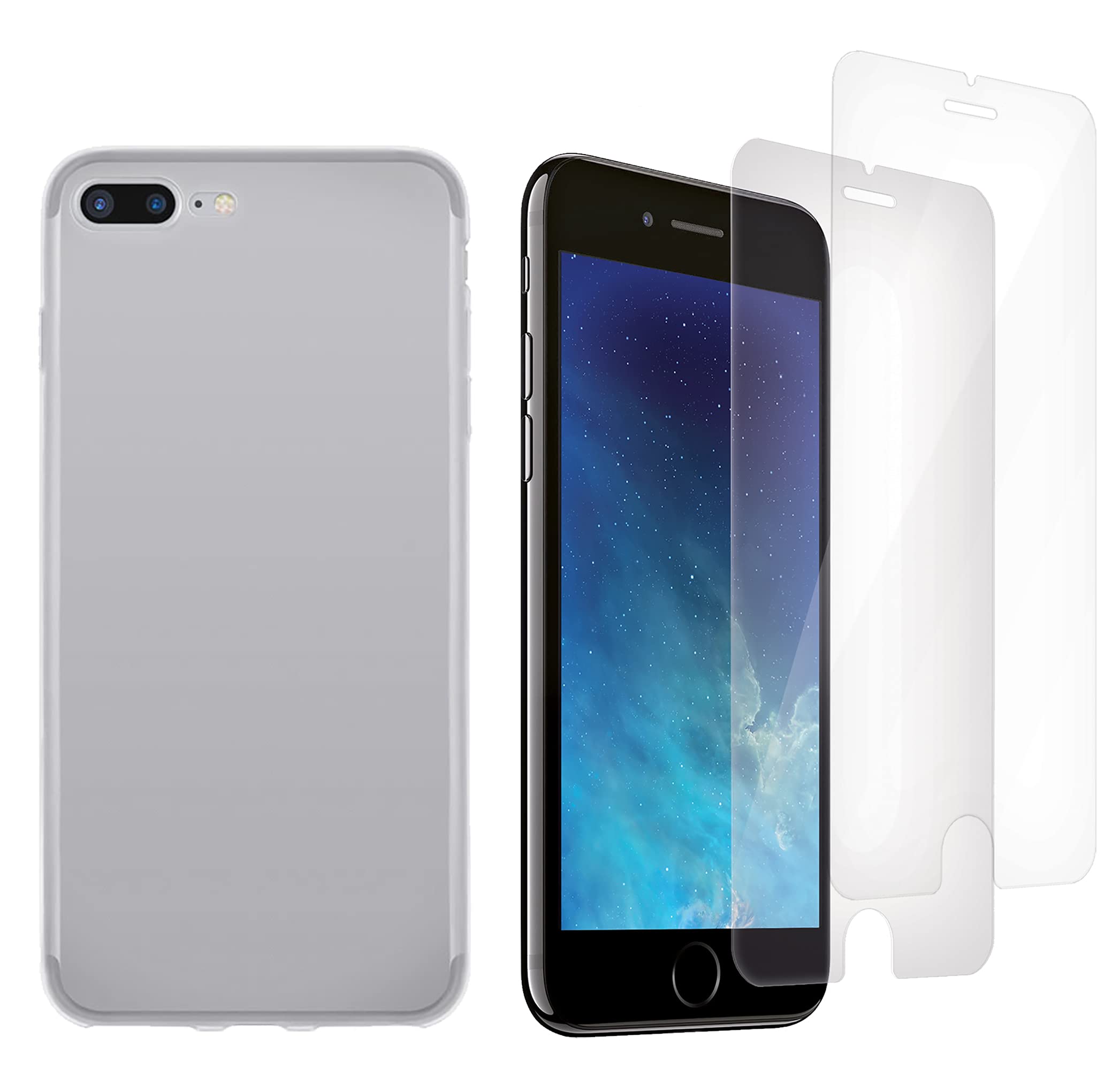 ICOVERI Pack Transparent Anti-Shock Gel Case Compatible with iPhone 7 Plus / 8 Plus Flexible TPU + 2 Tempered Glass, 9H Protection