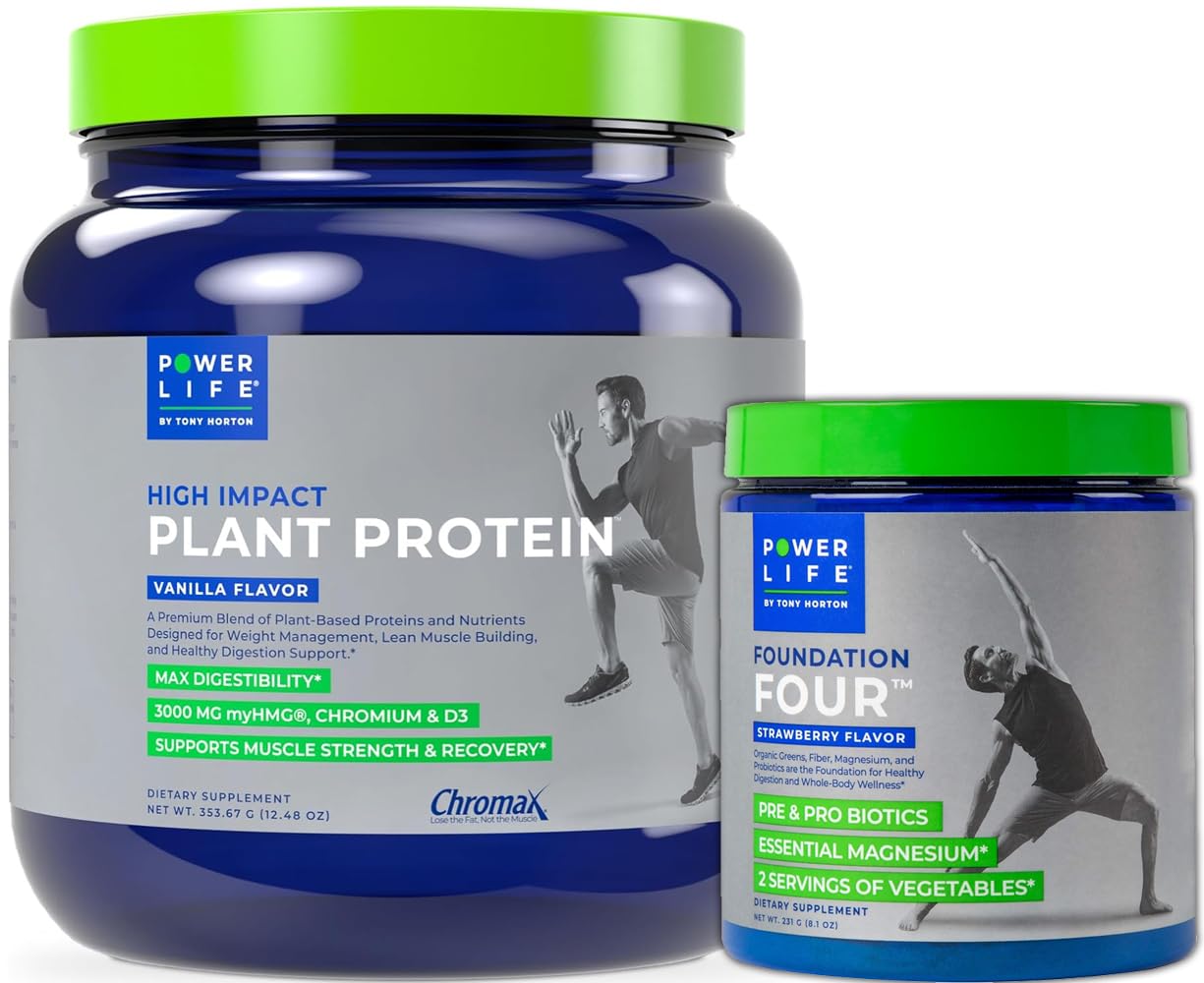 POWERLIFE Tony Horton High Impact Plant Protein Powder with 3000 MG of HMB (Vanilla - New Formula) Foundation Four Greens Drink with Pre & Pro Biotics, Essential Magnesium (Strawberry)