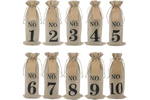 HRX Package 10pcs Burlap Wine Bags with Tags for Blind Wine Tasting, Numbered Hessian Cloth Glass Bottle Gift Bags for Christmas Wedding Party Decoration