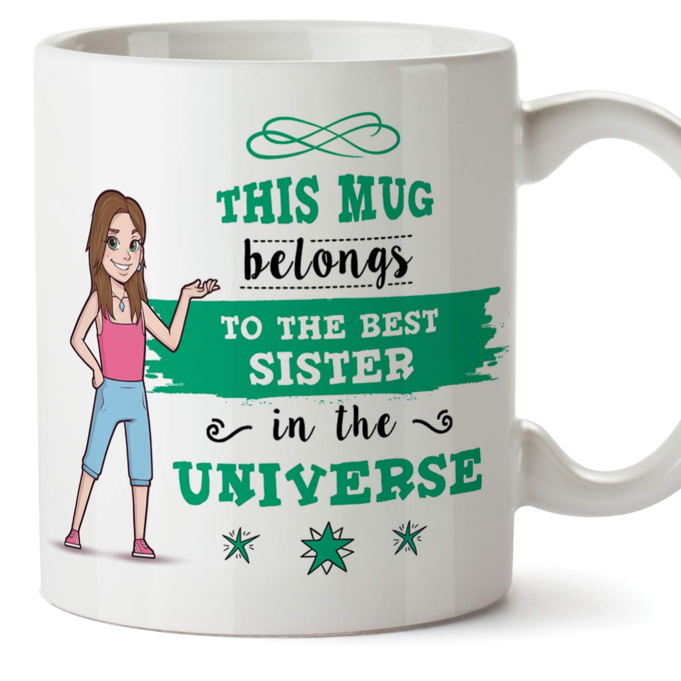 MUGFFINS Sister Mug/Cup - Best Sister in The Universe - Coffee Mug for Breakfast/Birthday Presents for Siblings/Ceramic 11 oz