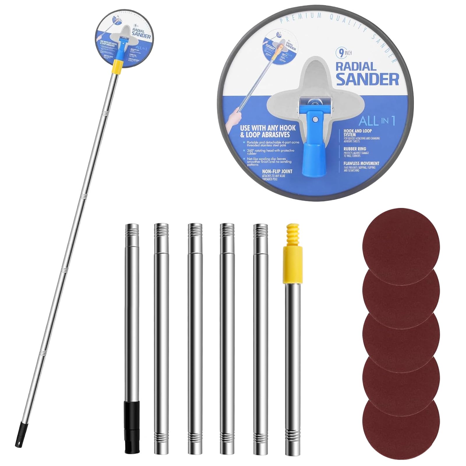 NICEWAT 71 Inch Drywall Pole Sander with Extension Pole, 360ยฐ Rotation Radial Sander with 5pcs Sanding Sheets (80, 100, 120, 180, 240 Grit), Drywall Polishing Sanding Tool for Walls and Ceilings