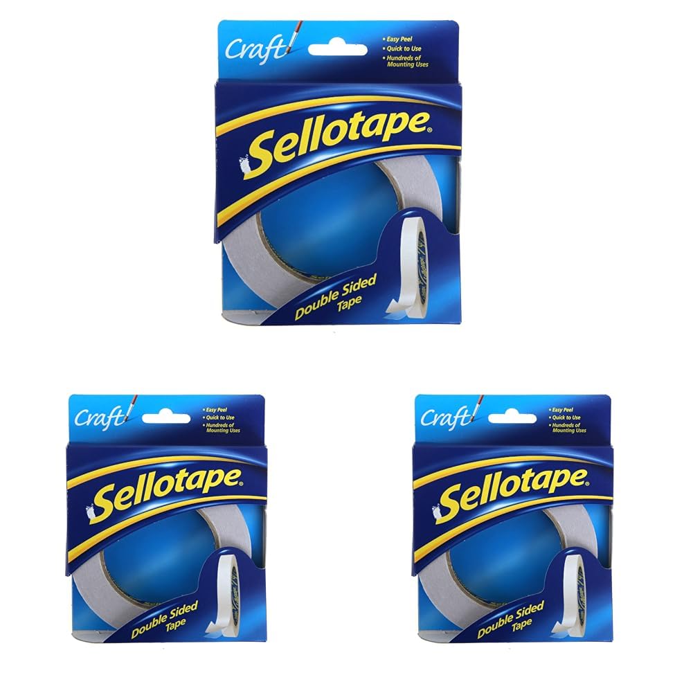 Sellotape Double Sided Tape, Strong Double Sided Tape for Everyday Use, Mounting, Arts & Crafts, Easy to Use Double Sided Sticky Tape with Solid Grip & Easy Peel, 12mmx33m (Pack of 3)