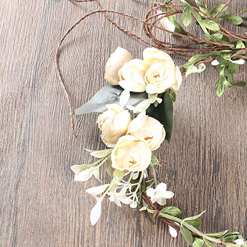 Flower Headband Rose Floral Boho Wreath Garland Hair Hoop Bohemian Headdress Headwear Headpiece Women Girls Crown Leaf Hair Bands Party Decoration Cosplay Costume Handmade Hair Accessories Beige