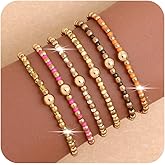 BXDA Gold Beaded Stackable Friendship Bracelets Set for Women, 6 PCS Handmade Dainty Colorful Orange Green Seed Beads Boho Stretch Bracelet Summer Beach Jewelry Gift.