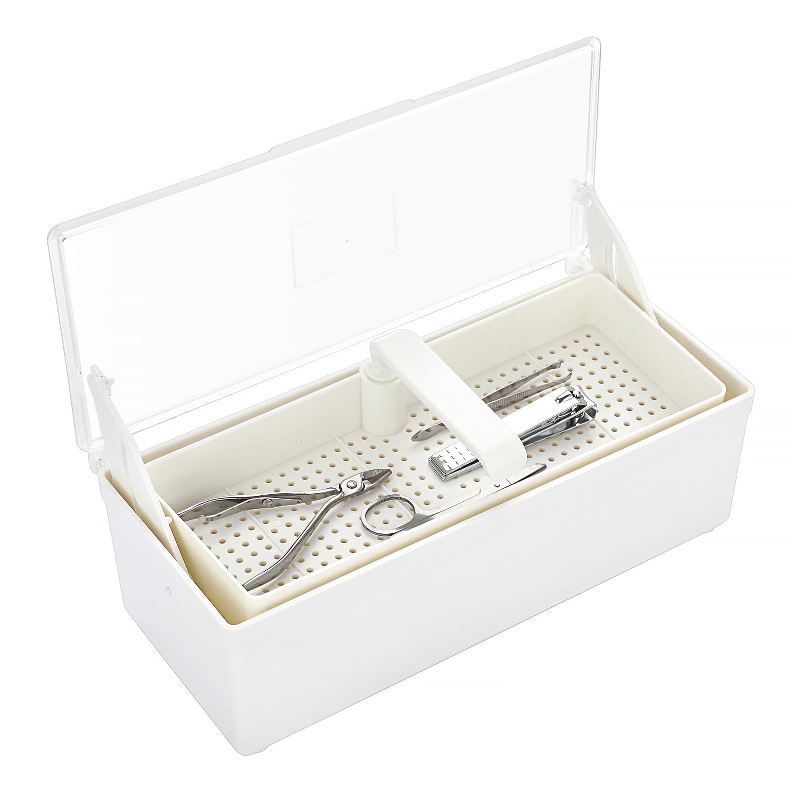 Photo 1 of JUXYES Plastic Sterilizing Tray for Nail Art Accessories Tools, Portable Nail Art Tool Sterilizer Tray with Strainer, Storage Box Tool Box for Tweezer Manicure Tools Pedicure Tool