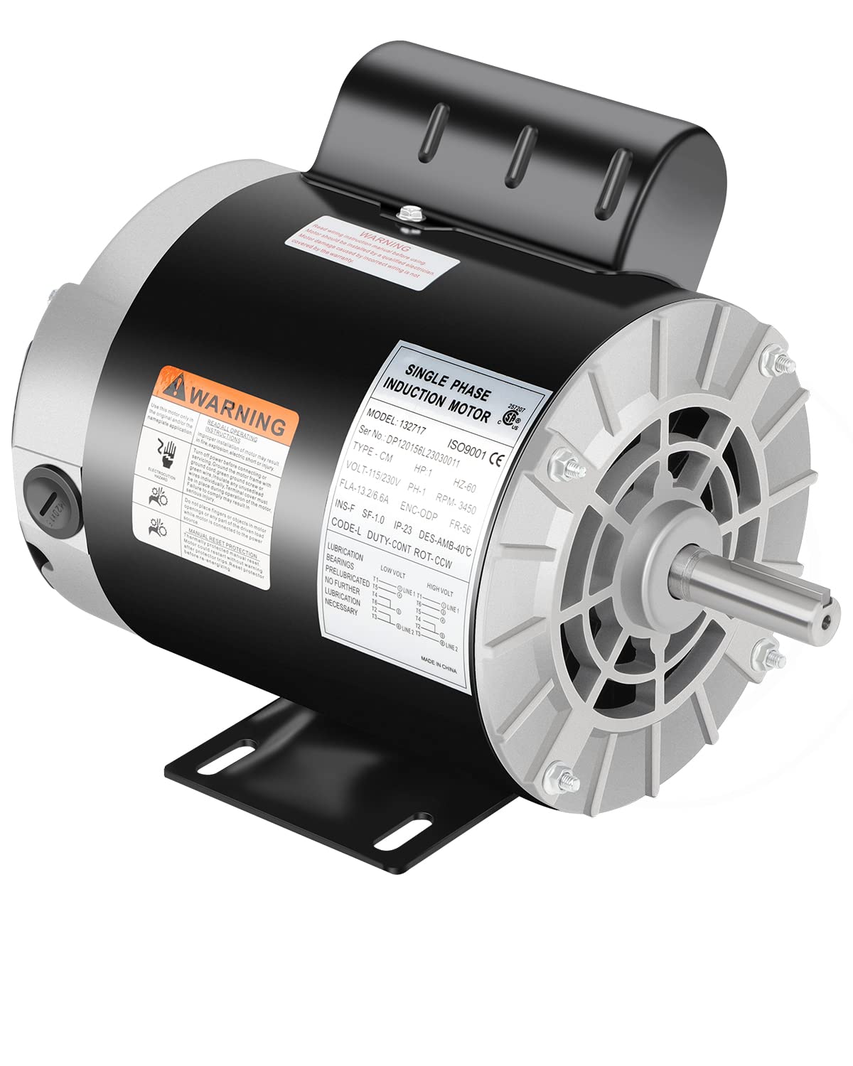 Photo 1 of 1 HP Air Compressor Motor, Electric Motor 3450 RPM, 115/230V Single Phase, 56 Frame 5/8" Keyed Shaft 60 Hz, Commercial-Duty CCW Rotation, 1.88" Shaft Length for Air Compressors