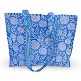 Makarisa Cotton Floral Block Print Tote Bag Handmade Indian Shoulder Bag, Qiulted Market Shopping Bag