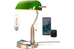 FIRVRE Glass Bankers Desk Lamp with Wireless Charger, 2 USB Charging Port, Vintage Desk Lamp with Pull Chain Switch, Retro Ta