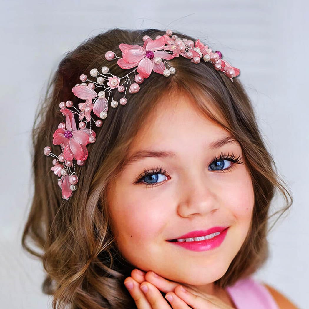 IYOU Flower Girl Hair Accessories Pink Floral Wedding Headband Pearl Wedding Holy Communion Headpiece for Girls
