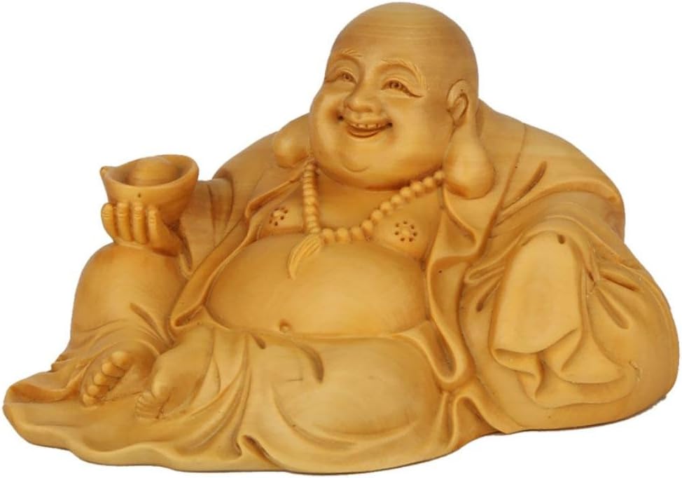 CLHK Boxwood carving bag ingot Maitreya Crafts Buddha car decoration furniture Feng Shui Decoration collection statues, high 70mm long 120mm wide 80mm