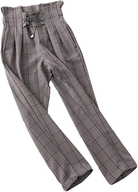 Amazon シジャァーノ ロングパンツ レディース カジュアル 夏 ハイウエストパンツ チェック柄 ウエストリボン付き 着痩せ ハロンパンツ ファッション スラックス ボトムズ ズボン 韓国風 黒 白 ロングパンツ 通販