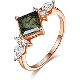 Angol Natural Moss Agate Ring 925 Sterling Silver Rose Gold Engagement Promise Ring for Women Jewelry Gifts (10, Rose Gold)