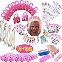 Spa Party Favors for Girls Multiple Spa Party Supplies- (12 Tote Bags, 12 MINI Emery Boards,12 Colored Hair Clip Braids, 24 Toe Separators, 12 Body Jewels, 12 Unicorn Nail Decal Sets) with 1 or More Secret Spa Gift Total 85pcs