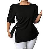 Floerns Women's Plus Size Elegant Puff Sleeve Blouse Tops Split Business Casual Outfit