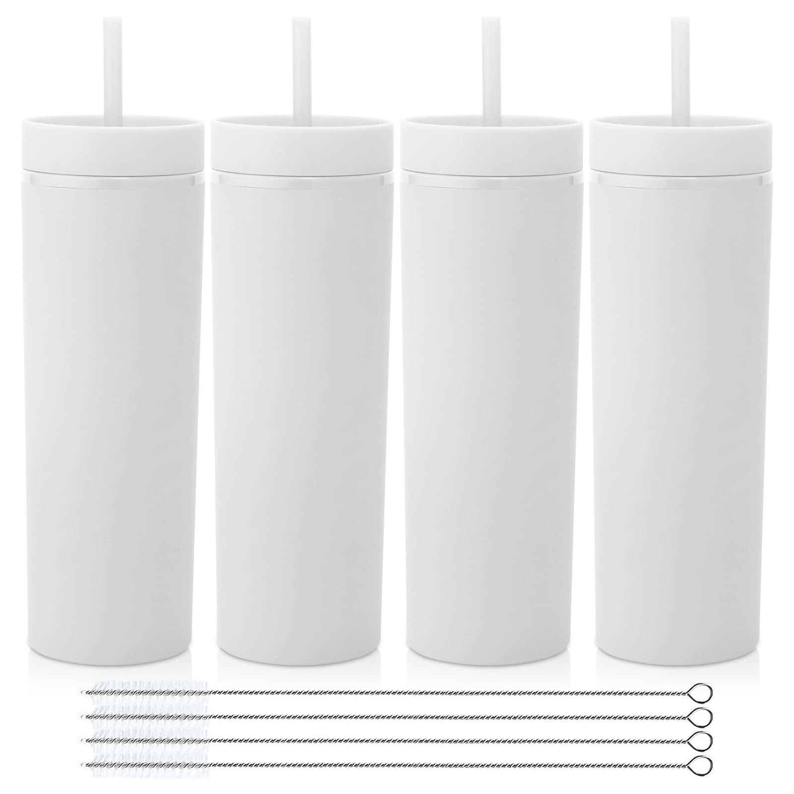 Volhoply 20oz Plastic Skinny Tumblers Bulk 4 Pack,Double Wall Tumbler with Lid and Straw,BPA Free Matte Acrylic Water Cups for Parties(White,4 Set)