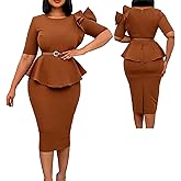 HILLDI Evenings Womens Plus-Size Round Neck Work Dress Sleeve Bridesmaid Dress Business Formal Work Pencil Dress