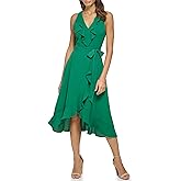 Kensie Womens Sleeveless Ruffle Trim Faux Wrap Midi Dress