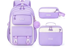 Fimibuke Backpacks for Girls, 3 PCS Waterproof School Backpack with Lunch Box, Pencil Pouch Set for Kids Teens Girls, Cute Bookbag School Bag for Elementary Middle High School Student Ages 6+(Purple)