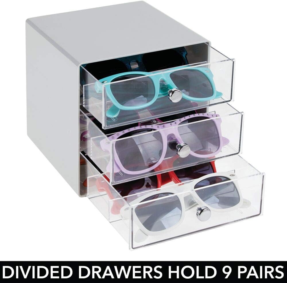 Portaocchiali in plastica con 3 cassetti mDesign Set da 2 Organizer porta  occhiali Scatola portaoggetti ideale per occhiali da vista da sole o da  lettura trasparente e bianco Organizer e svuotatasche da