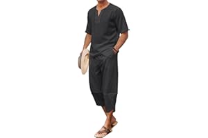 COOFANDY Men's 2 Pieces Linen Set Henley Shirt Short Sleeve and Harem Capri Pants Wide Leg Baggy Beach Yoga Trousers Outfits