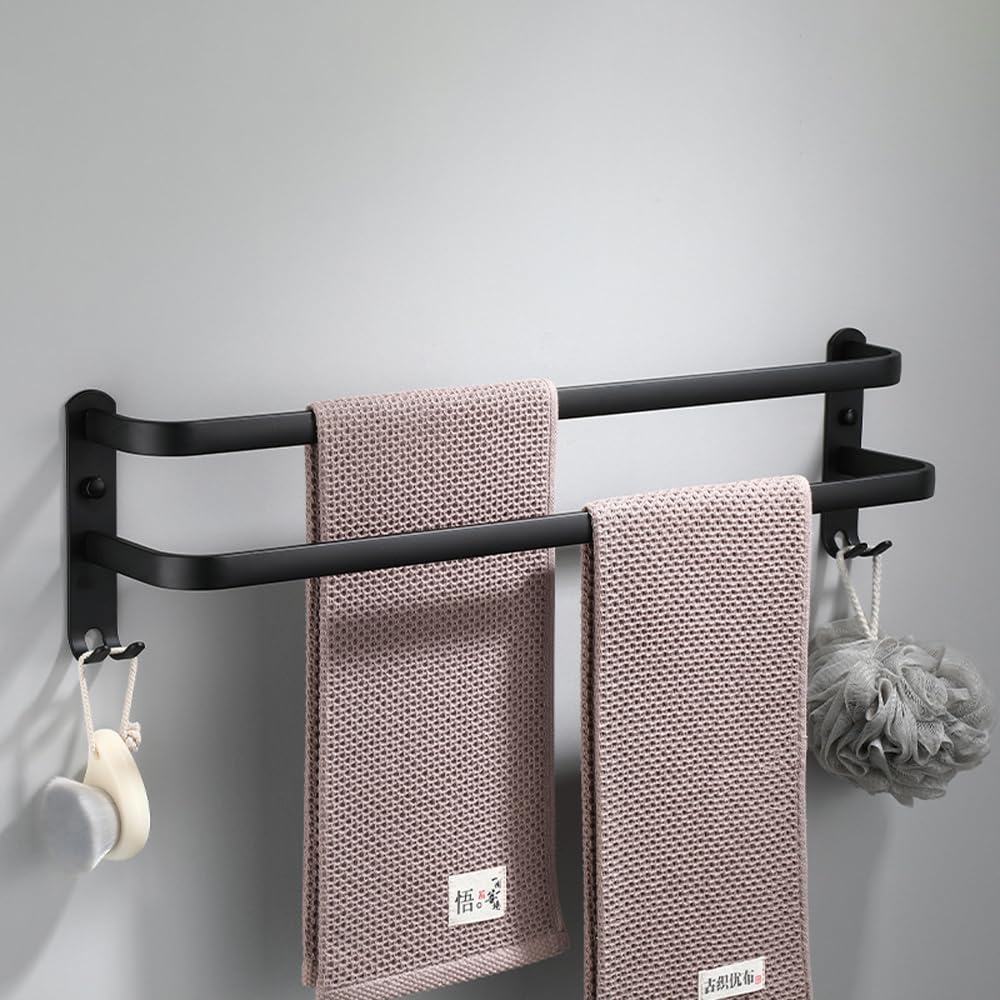HONPHIER Towel Rails Wall Mounted 2 Tier Towel Rack With Hooks Space Aluminum Towel Rack Bathroom Towel Holder No Fading Towel Shelves For Kitchen Bathroom Toilet Hotel Office (Black, 2-Tier 50CM)