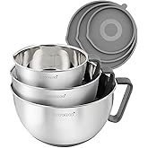 Rorence Mixing Bowls Set: Stainless Steel Non-Slip Bowls with Pour Spout, Handle and Lid - Set of 3 - Gray