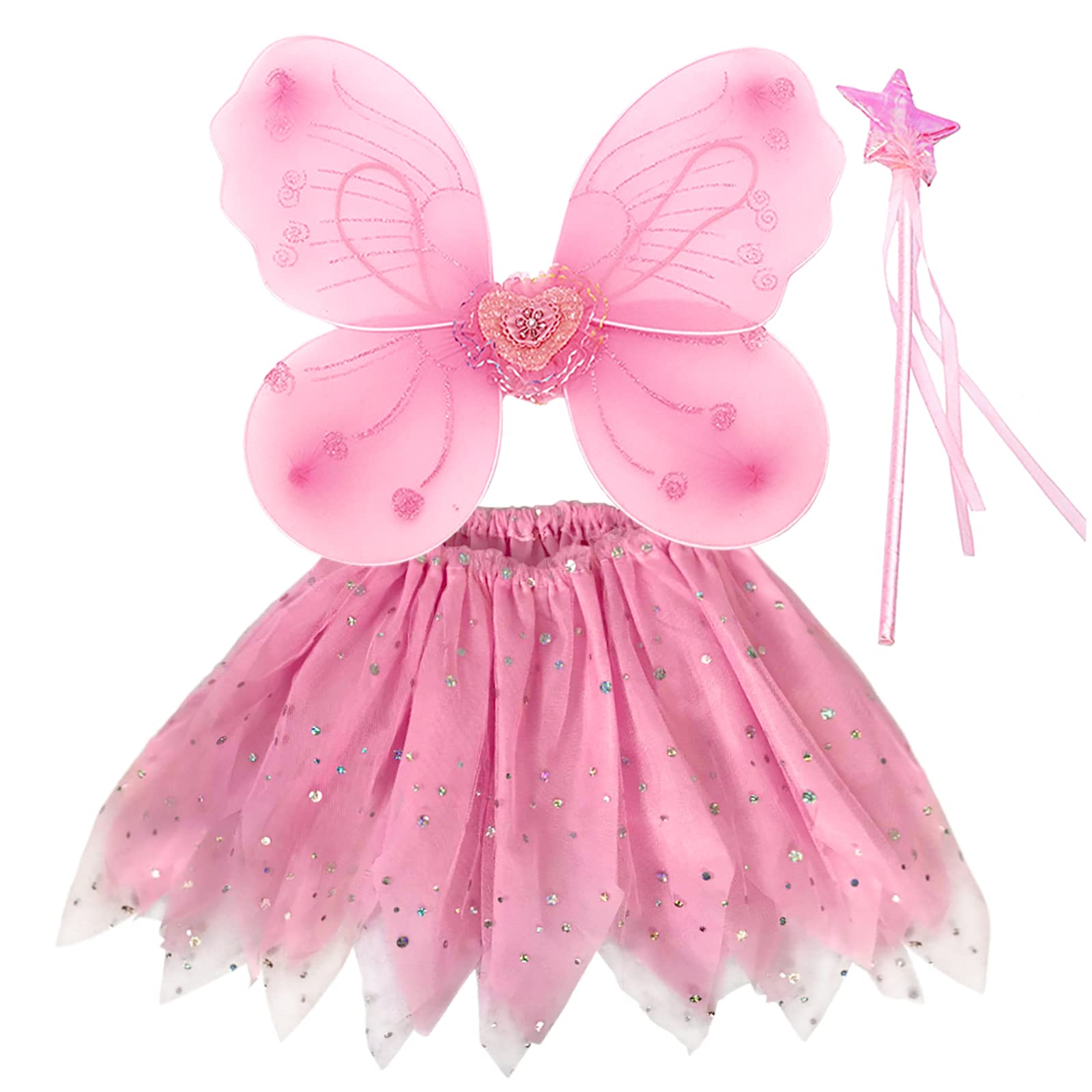 EQLEF Fairy Wings Costume Kids, Princess Fairy Costume Fairy Butterfly Wings Set for Girls Tutu Wings Wand, Wing approx 16.5*13.4 in, Pink — image 1