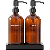 Prus Waso Amber Glass Soap Dispenser Set, Hand Soap and Lotion Set with Black Stainless Steel Pump, Perfect for Modern Bathroom Decor. (Amber)