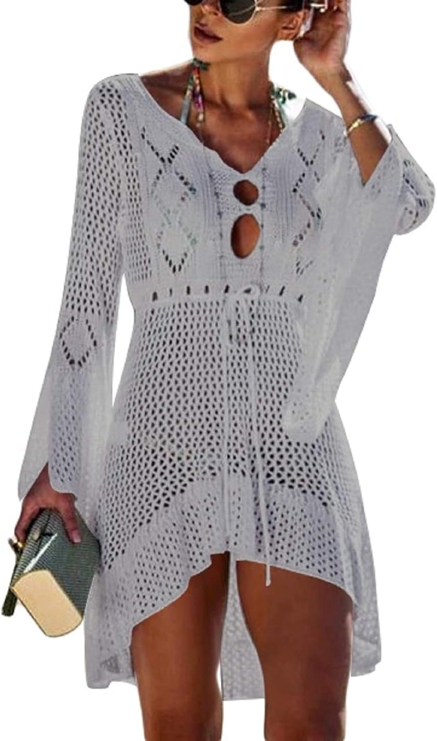 Wander Agio Beach Tops Sexy Floral Cover Dresses Bikini Cover-ups Net Hollow Out White at  Women’s Clothing store