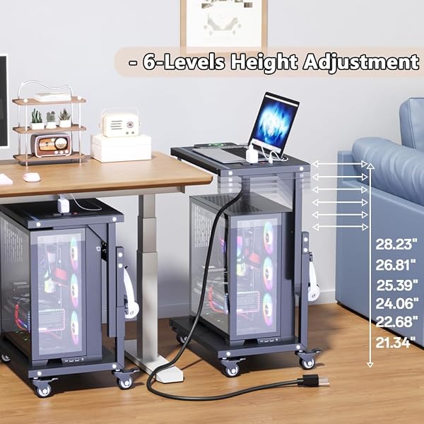 ZUAVIALA COMPUTER TOWER STAND WITH POWER OUTLET, 6 LEVEL HEIGHT AJUSTABLE PC TOWER STAND FOR FLOOR, MOBILE ROLLING CPU HOLDER CART FOR GAMING, OFFICE, HOME, 21.34″-28.3″, BLACK
