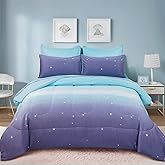Dinjoy Girls Comforter Set Full Size Colorful Ombre Blue Purple Rainbow Bedding Set Bed in A Bag for Kid Teen Girls 7 Pieces (1 Comforter, 1 Flat Sheet, 1 Fitted Sheet, 2 Pillow Shams, 2 Pillowcases)