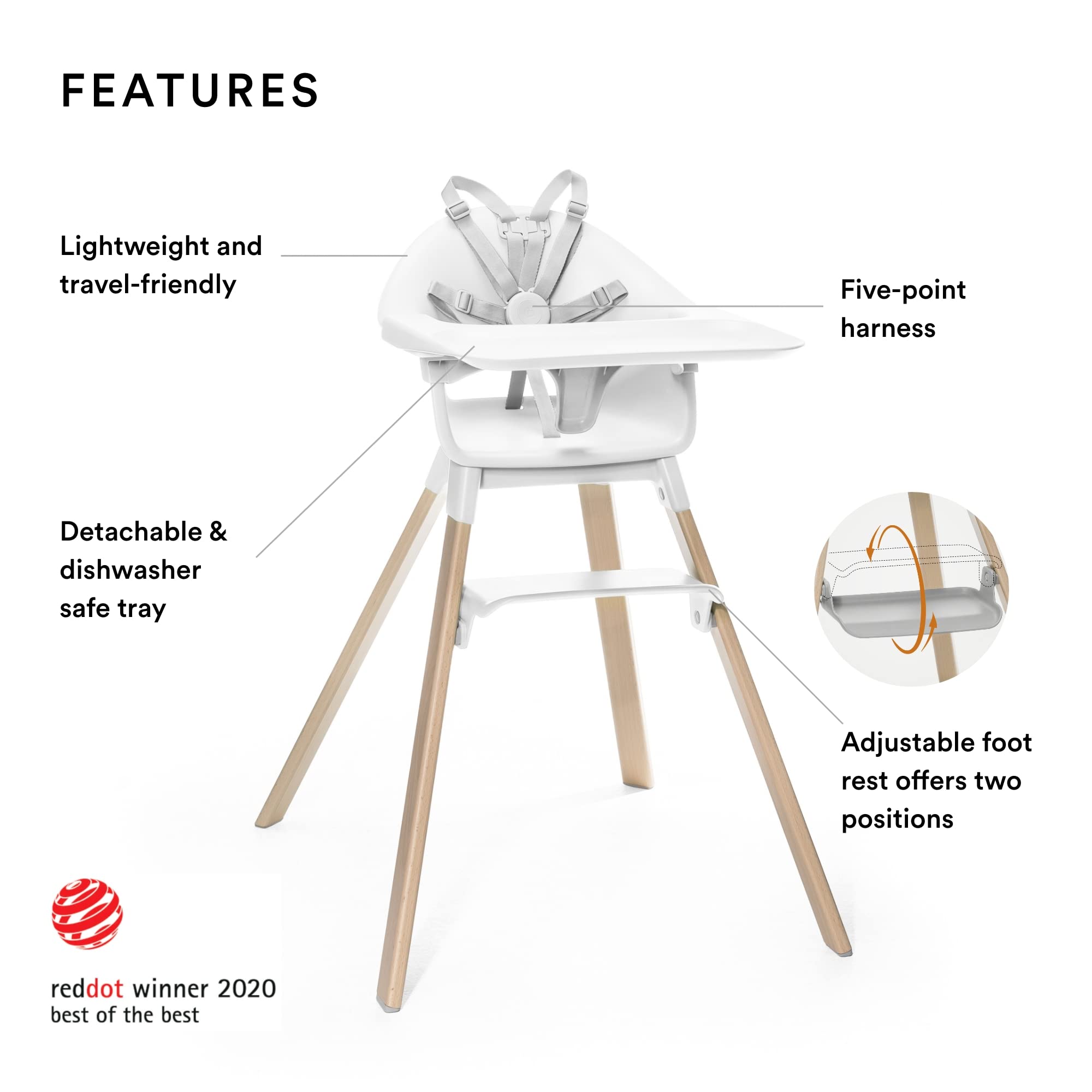 Stokke Clikk High Chair, White - All-in-One High Chair with Tray + Harness - Light, Durable & Travel Friendly - Ergonomic with Adjustable Features - Best for 6-36 Months or Up to 33 lbs