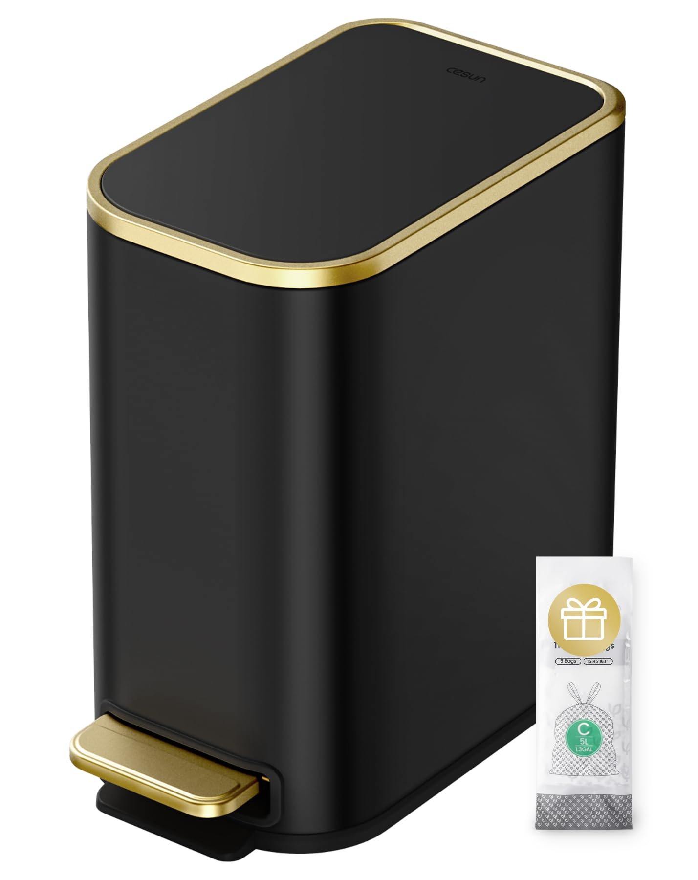 Photo 1 of Cesun Small Bathroom Trash Can with Lid Soft Close, 5 Liter/1.3 Gallon Stainless Steel Garbage Can with Removable Inner Bucket, Step Pedal, Slim Waste Basket for Toilet, Office, Bedroom (Black&Gold)