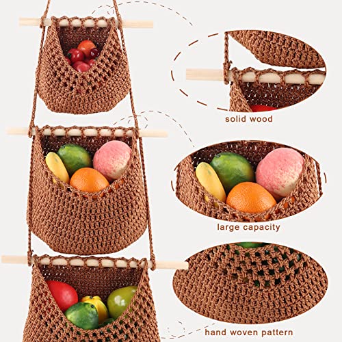 Hanging Kitchen Storage Basket, Brown 3 Tier Wall Hanging Fruit Baskets Cotton Woven Pantry Organizer Vegetable Keeper Boho Home Decorative Planter Holder With 3 Hooks & 3 Adhesive Hooks