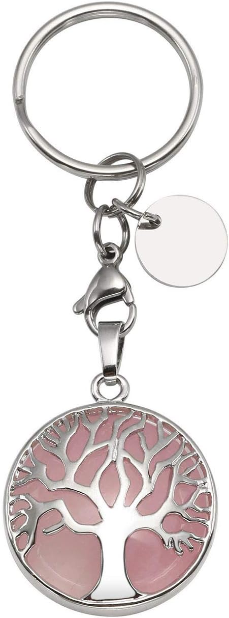 CrystalTears Schlüsselanhänger Natürlich Edelstein Lebensbaum Anhänger Chakra Heilsteine Reiki Schlüsselbund Keychain Dekoration Rosenquarz