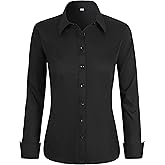 BBIBBI Women's Stretch Long Sleeve Button Down Dress Shirts Solid Business Casual Work Blouse (Classic, Cropped & Tall)