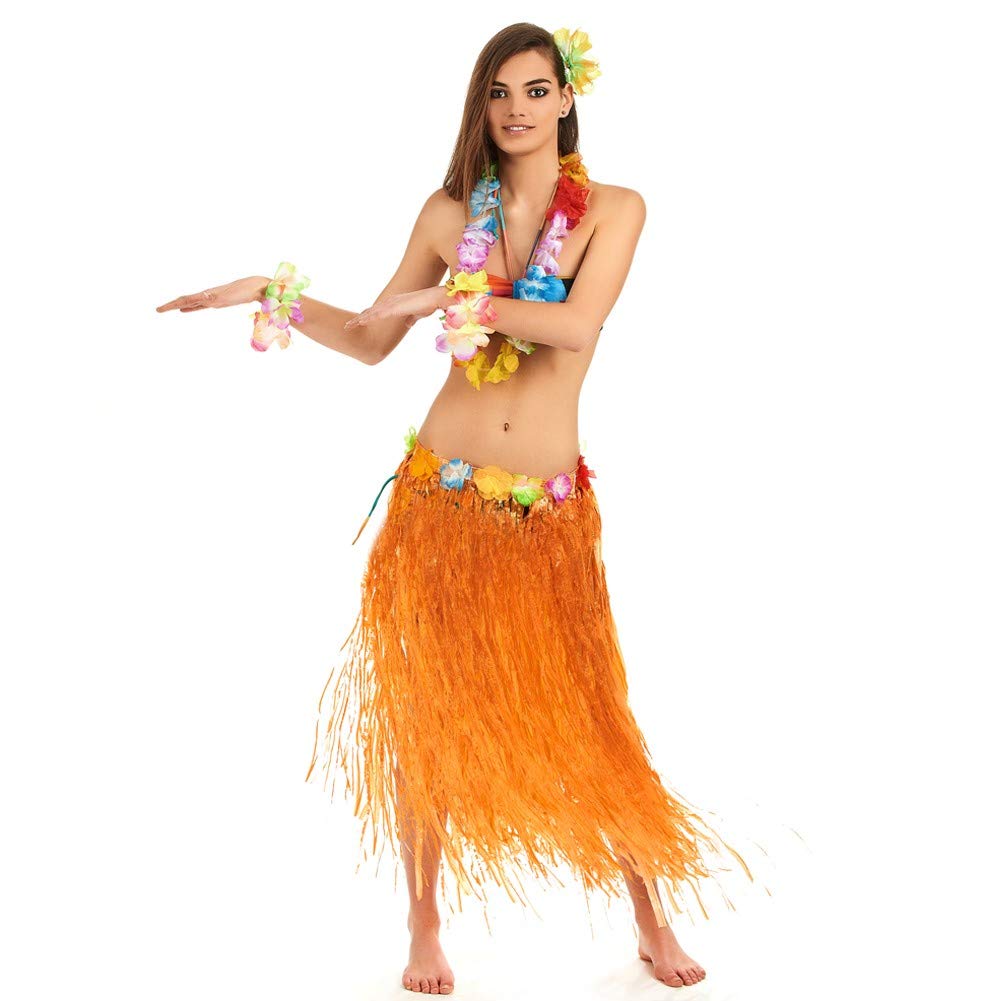 Komonee Orange Hawaiian Hula Skirt Hawaii Flower Fancy Dress Party Costume Outfit Accessories Elasticated 24" - 56" Waist (NG1)