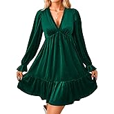 EHSUYAB Women Velvet Mini Dress Wedding Guest,V Neck Long Sleeve Cocktail Dresses,Thanksgiving Christmas Holiday Party Outfit