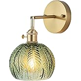 Cerdeco Vintage Wall Sconce with Green Leaf Glass Shade,180°Adjustable Arm and Golden Base,Modern Indoor Wall Light Lighting 